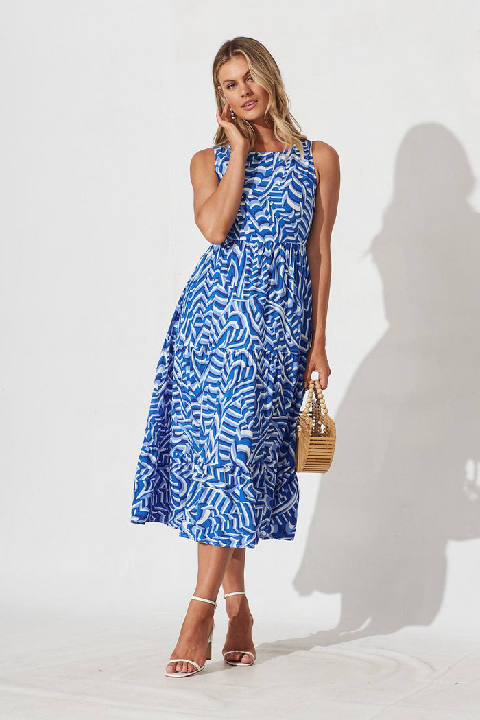 Dareton Midi Smock Dress In Blue With White Print - full length