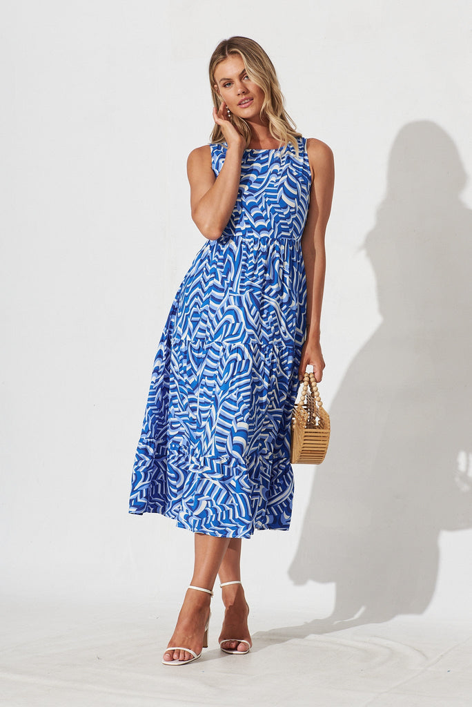 Dareton Midi Smock Dress In Blue With White Print - full length