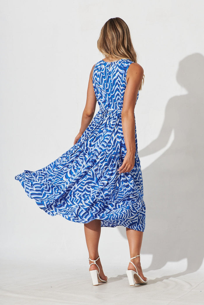 Dareton Midi Smock Dress In Blue With White Print - back