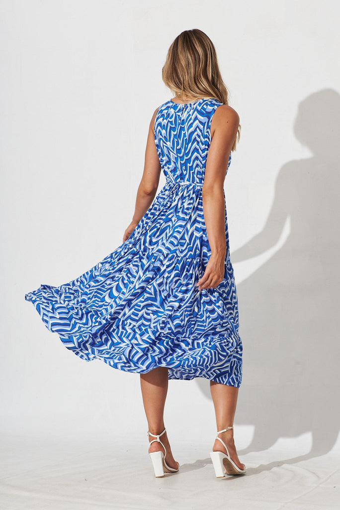 Dareton Midi Smock Dress In Blue With White Print - back