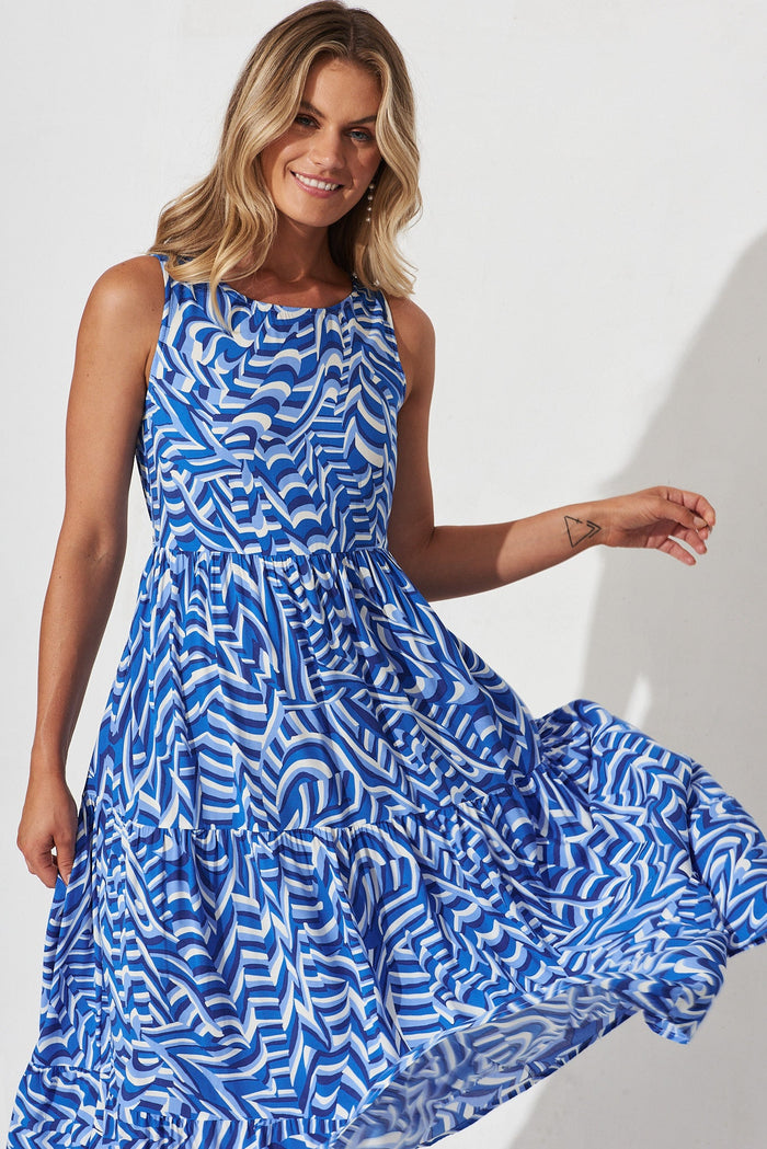 Dareton Midi Smock Dress In Blue With White Print - front