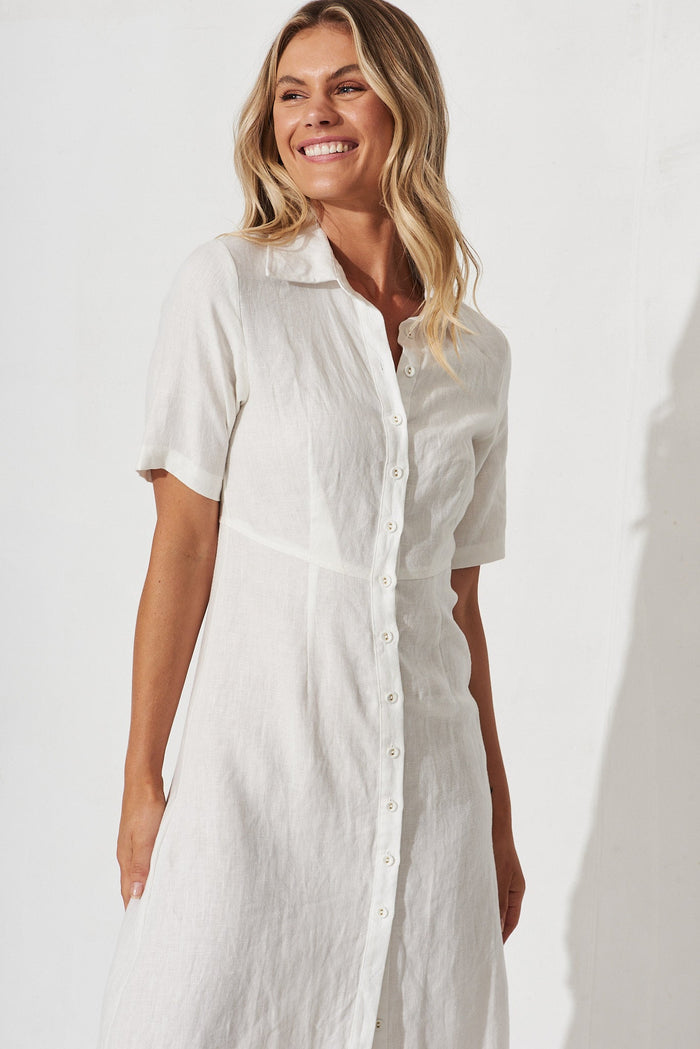 Manuka Dress In White Linen - front