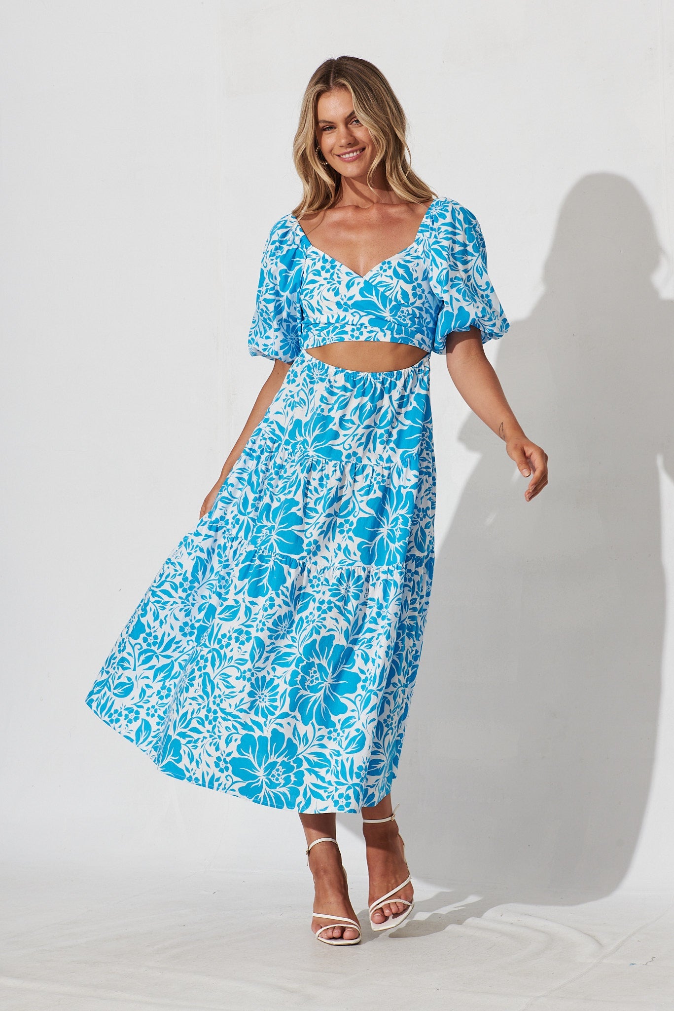 Beaufort Midi Dress In White With Blue Floral Cotton - St Frock (Dev)