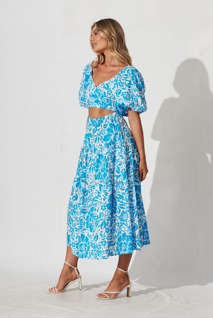 Beaufort Midi Dress In White With Blue Floral Cotton - St Frock (Dev)