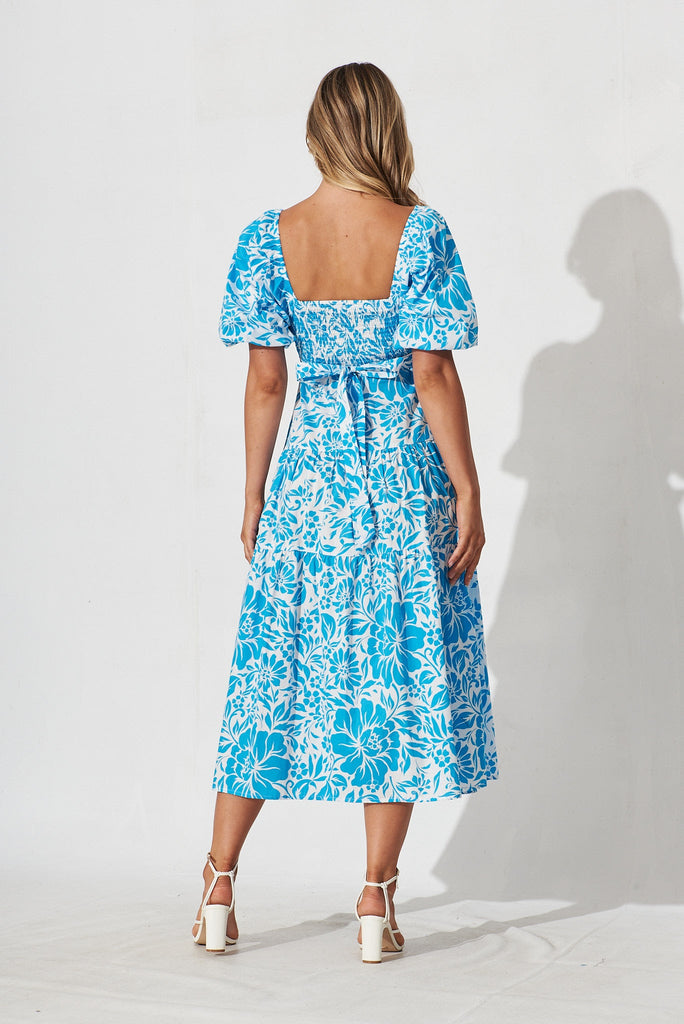 Beaufort Midi Dress In White With Blue Floral Cotton - St Frock (Dev)