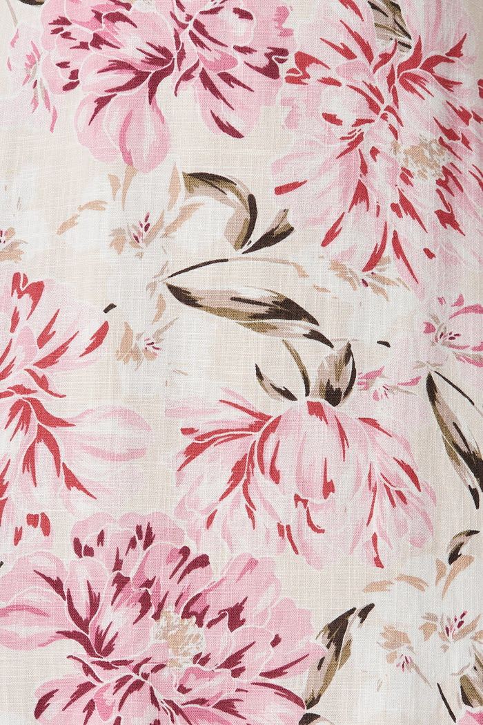 Leeds Dress In White With Pink Floral Linen Blend - fabric