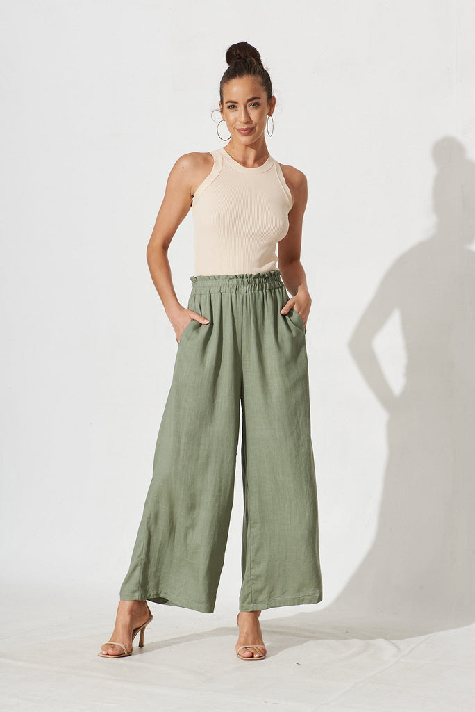 Nicole Pant In Khaki Linen Blend - full length
