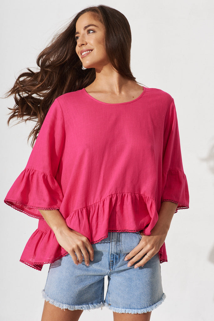 Apsley Top In Hot Pink Linen Blend - front
