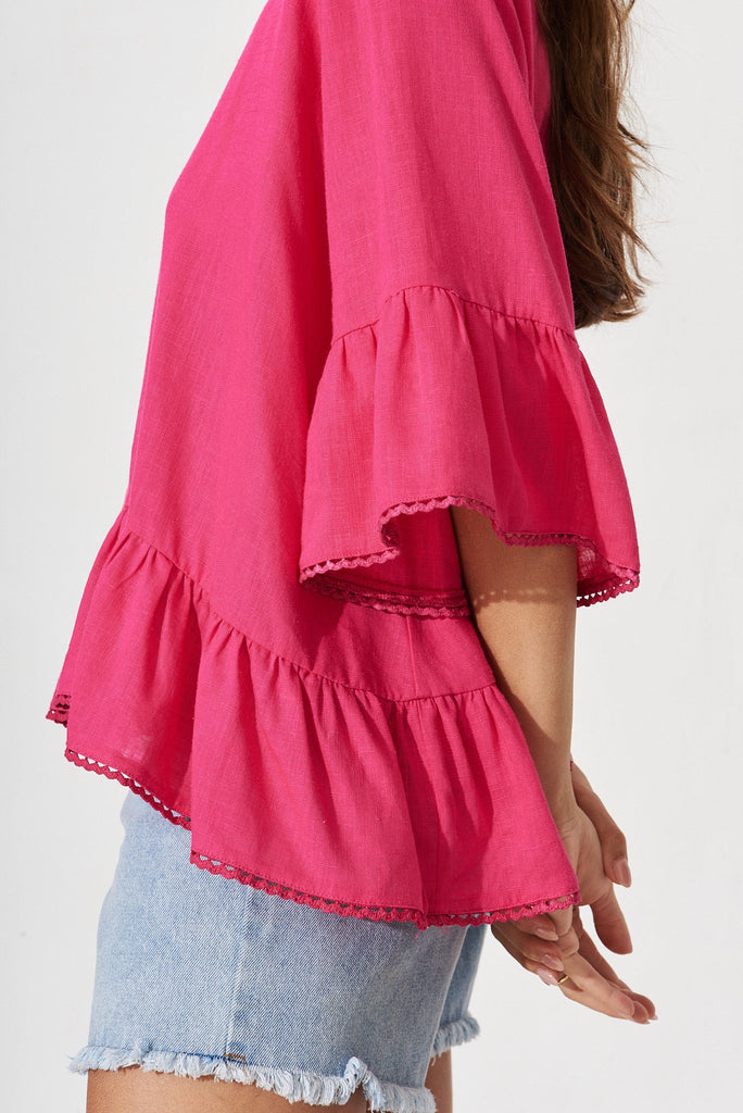 Apsley Top In Hot Pink Linen Blend - detail