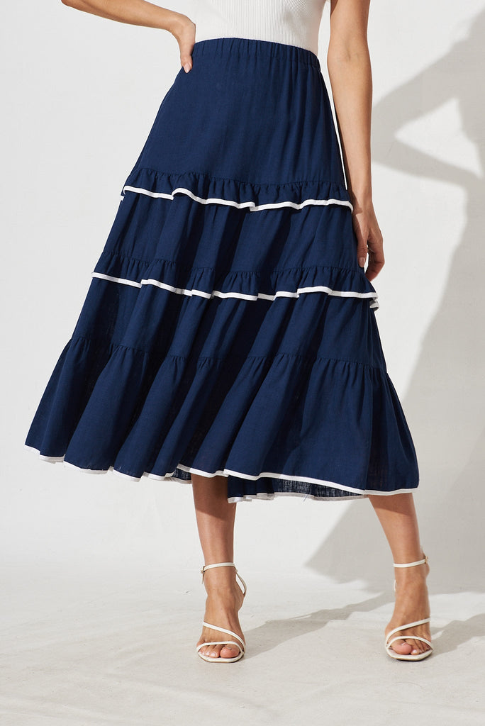 Austen Midi Skirt In Navy Linen Blend - St Frock (Dev)