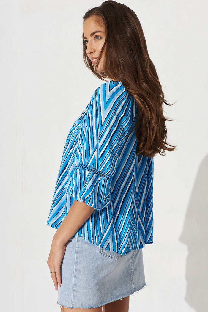 Isla Top In Blue With White Geometric - side