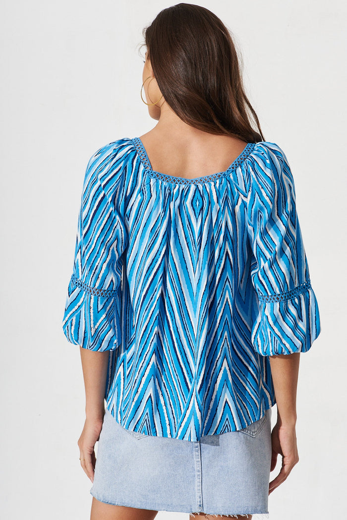 Isla Top In Blue With White Geometric - back