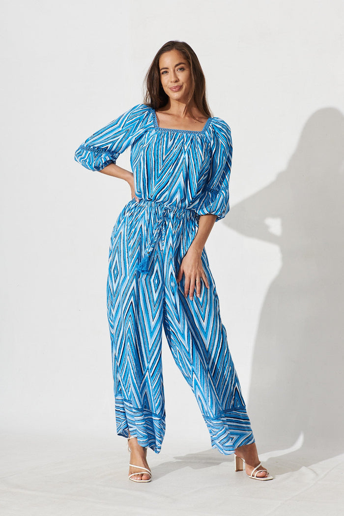 Isla Top In Blue With White Geometric - full length