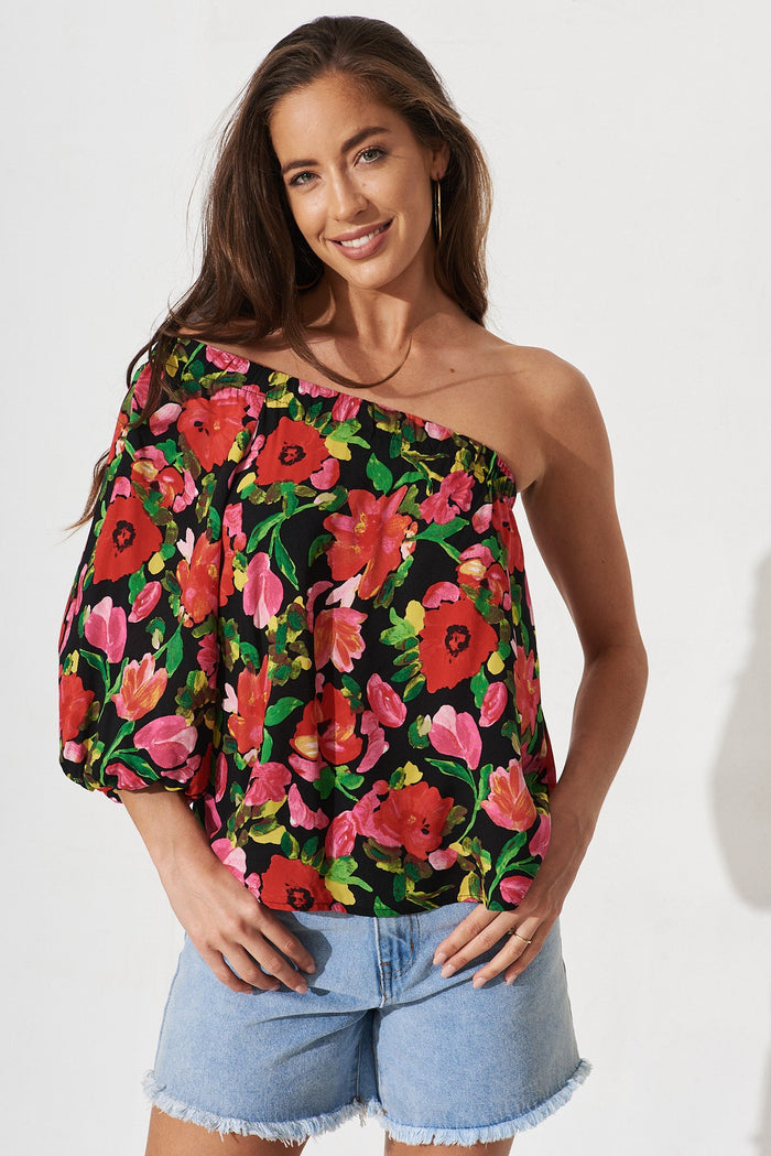 Lourdes One Shoulder Top In Black With Red Floral - front