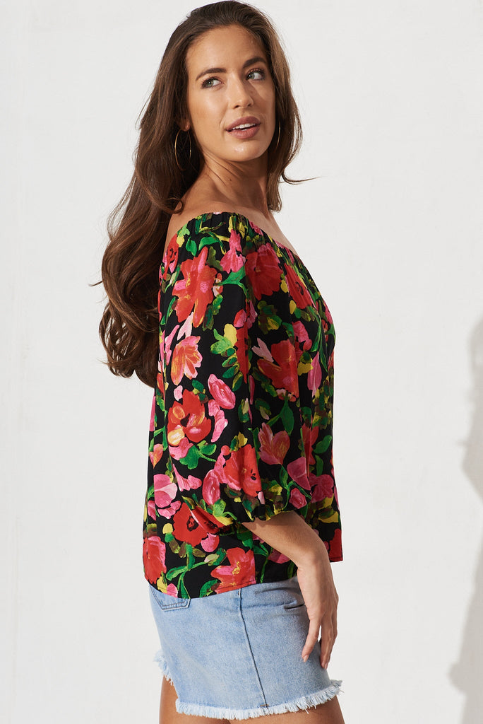 Lourdes One Shoulder Top In Black With Red Floral - right side