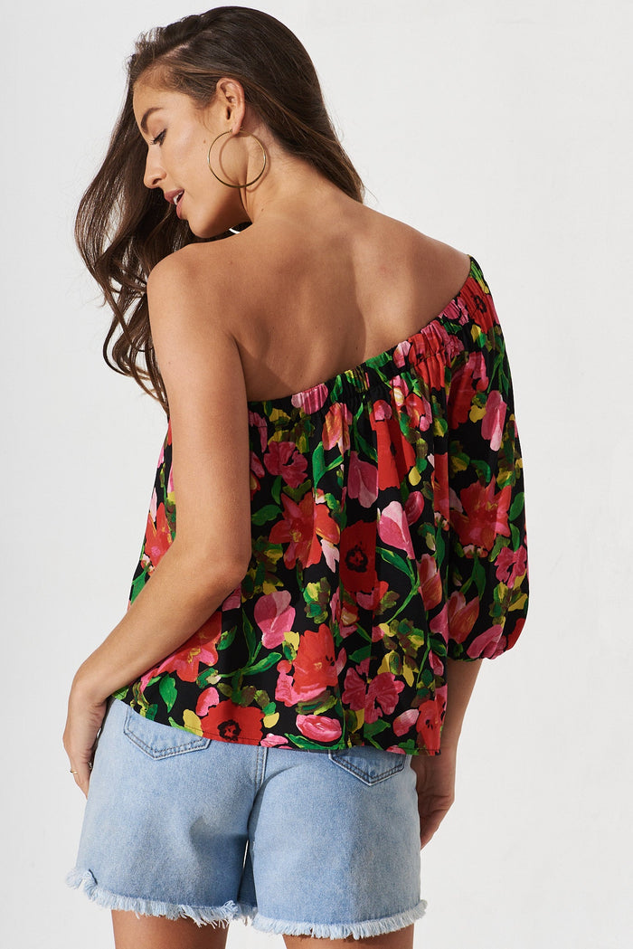 Lourdes One Shoulder Top In Black With Red Floral - back