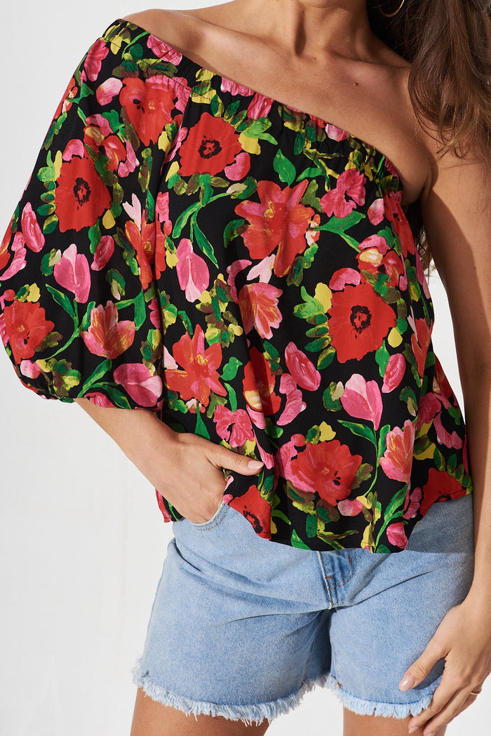Lourdes One Shoulder Top In Black With Red Floral - detail