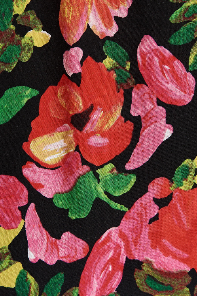 Lourdes One Shoulder Top In Black With Red Floral - fabric