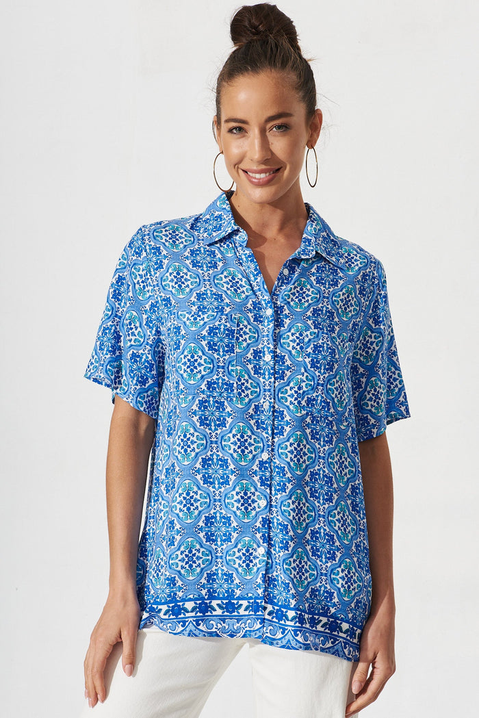 Lyon Shirt In Blue Tile Print - front