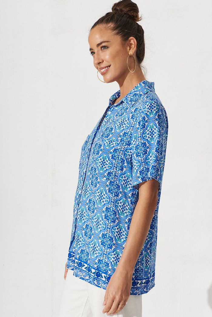 Lyon Shirt In Blue Tile Print - side