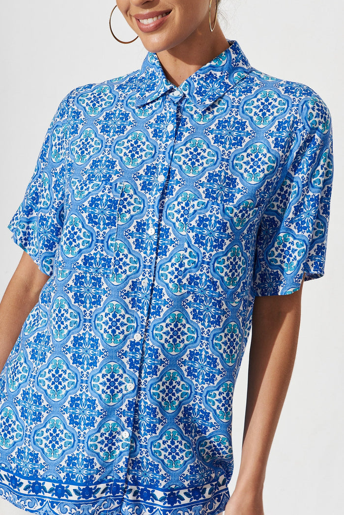 Lyon Shirt In Blue Tile Print - detail
