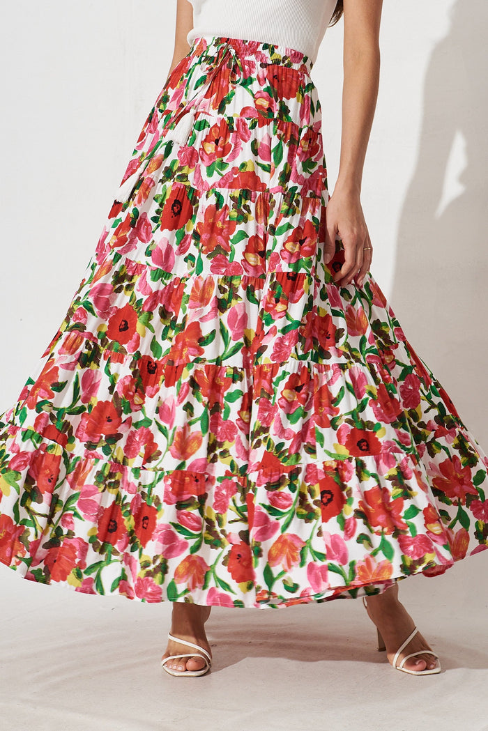 Covent Maxi Skirt In White With Red Floral - front