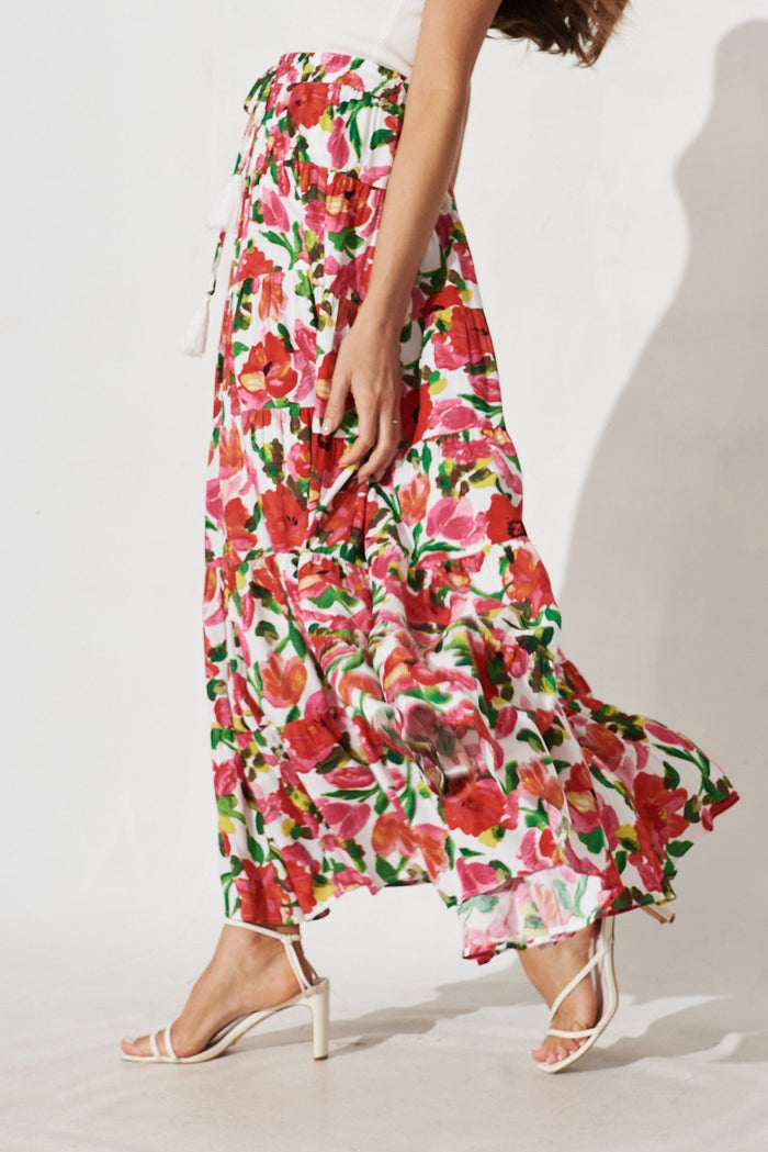 Covent Maxi Skirt In White With Red Floral - side