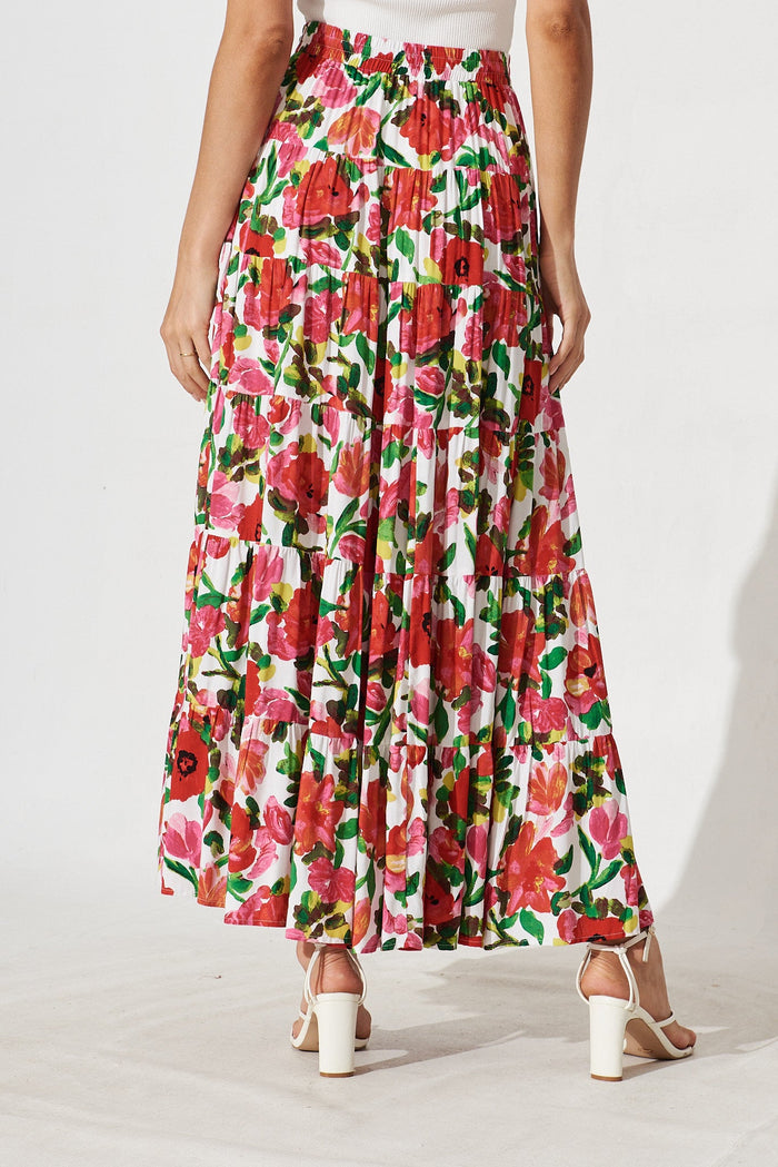 Covent Maxi Skirt In White With Red Floral - back