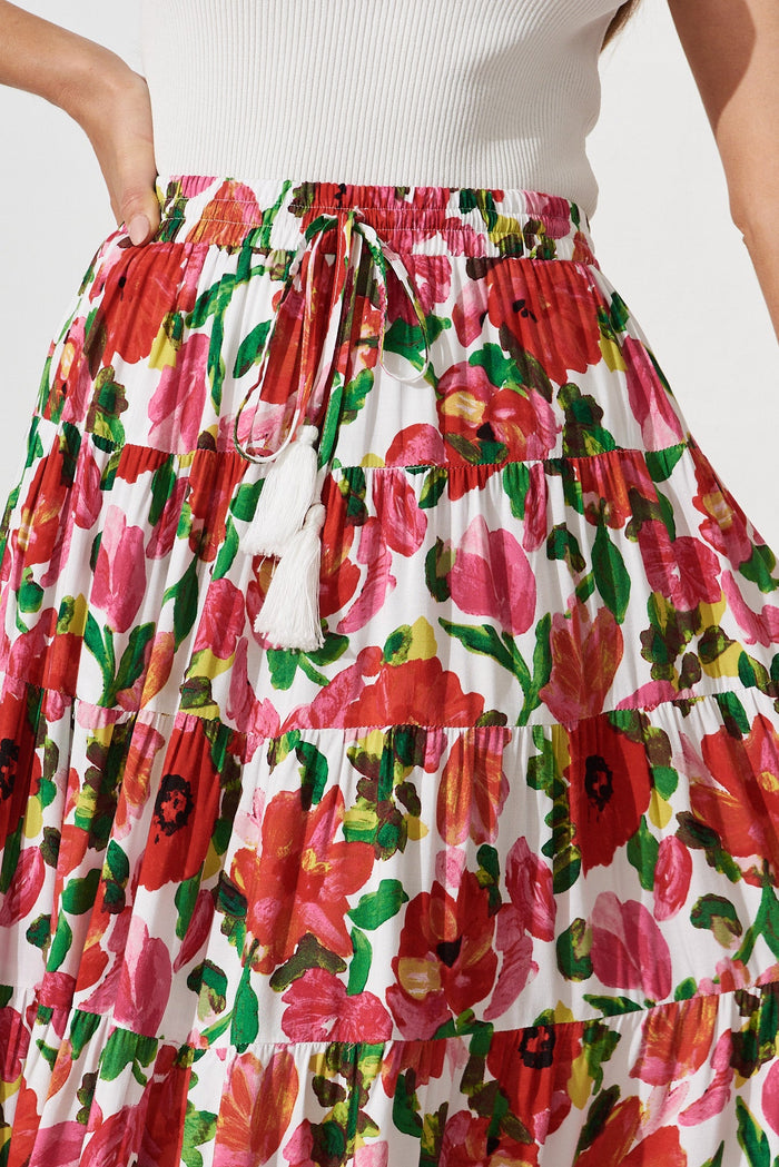 Covent Maxi Skirt In White With Red Floral - detail