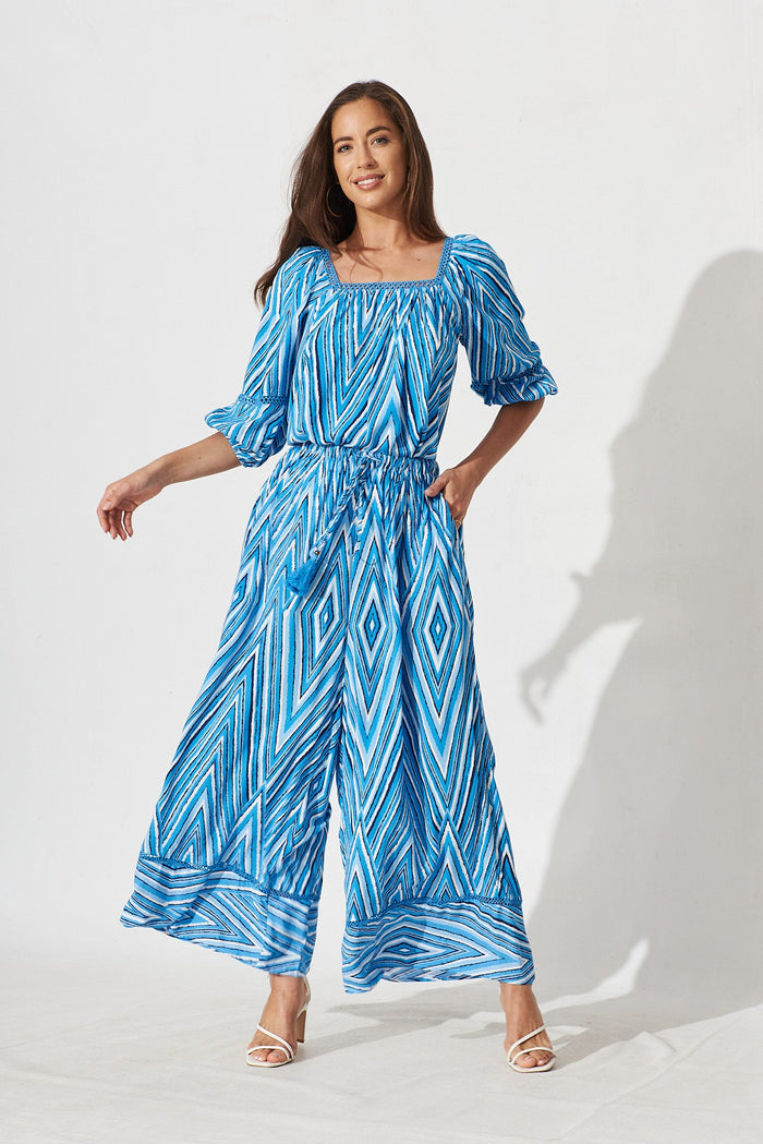 Ingrid Pants In Blue With White Geometric - full length