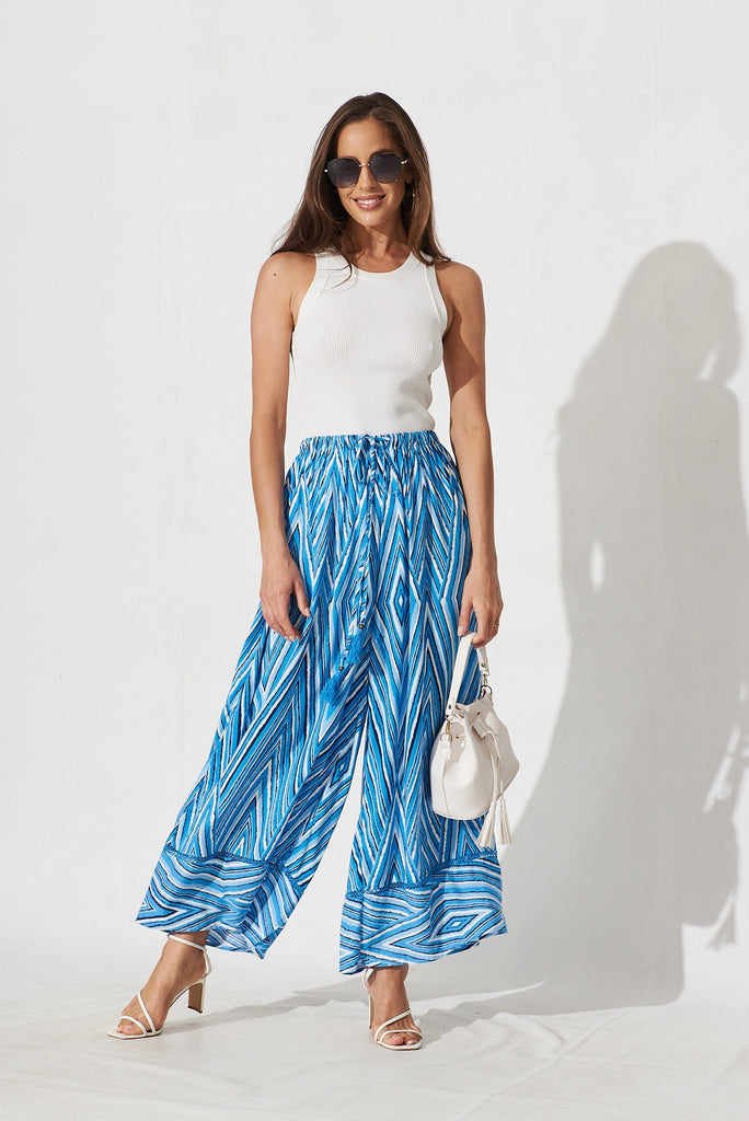 Ingrid Pants In Blue With White Geometric - full length