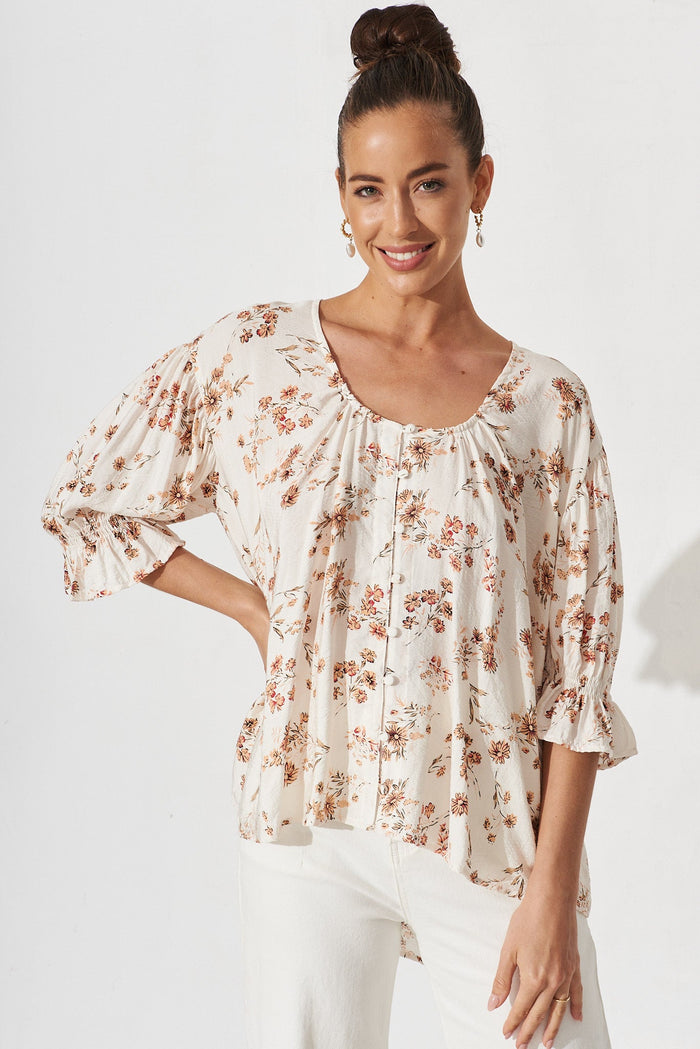 Elettra Top In White With Beige Floral - front
