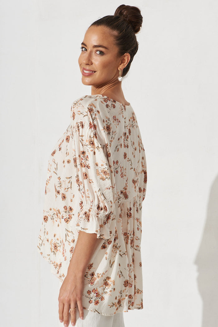 Elettra Top In White With Beige Floral - side