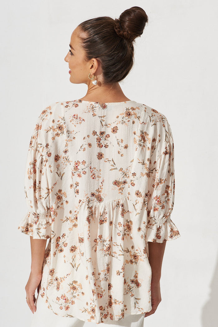 Elettra Top In White With Beige Floral - back