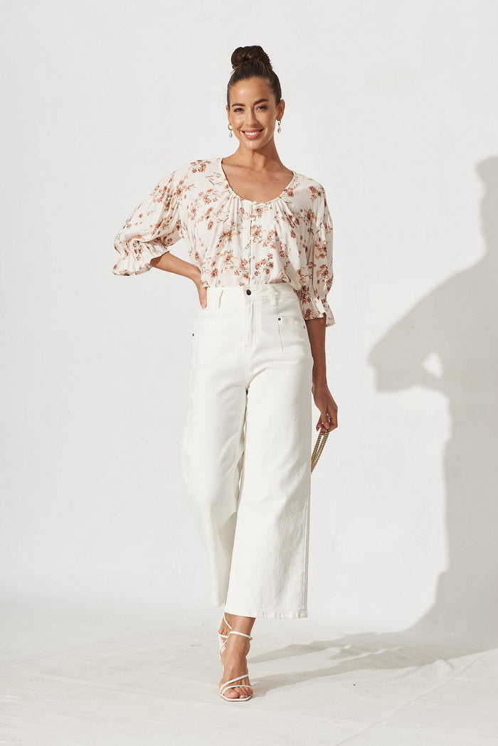 Elettra Top In White With Beige Floral - full length