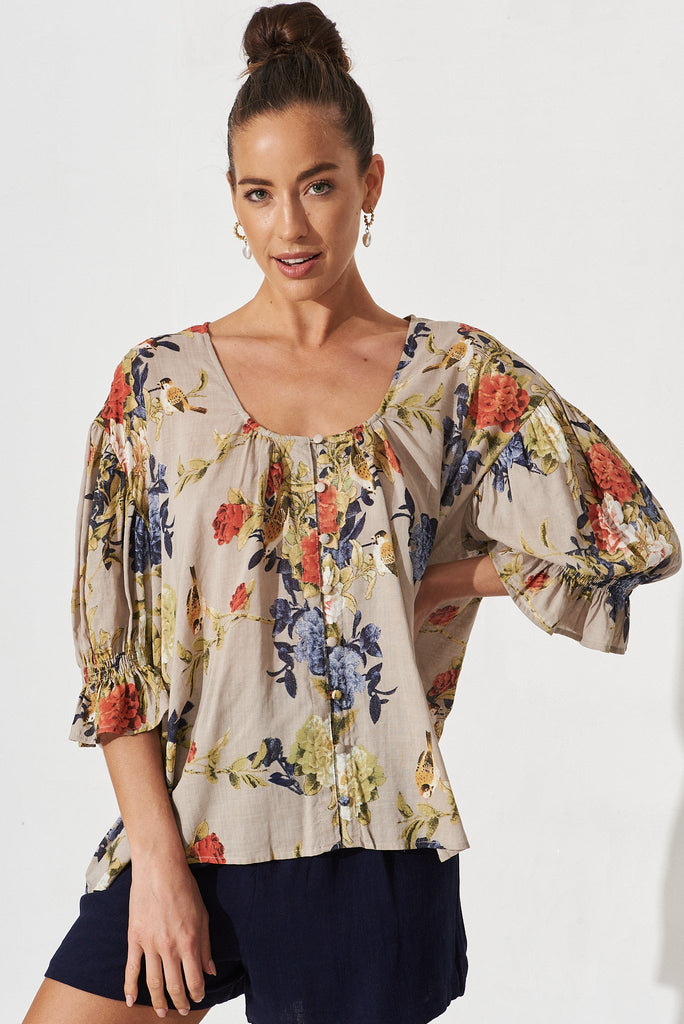 Elettra Top In Grey With Multi Floral Cotton Blend - front