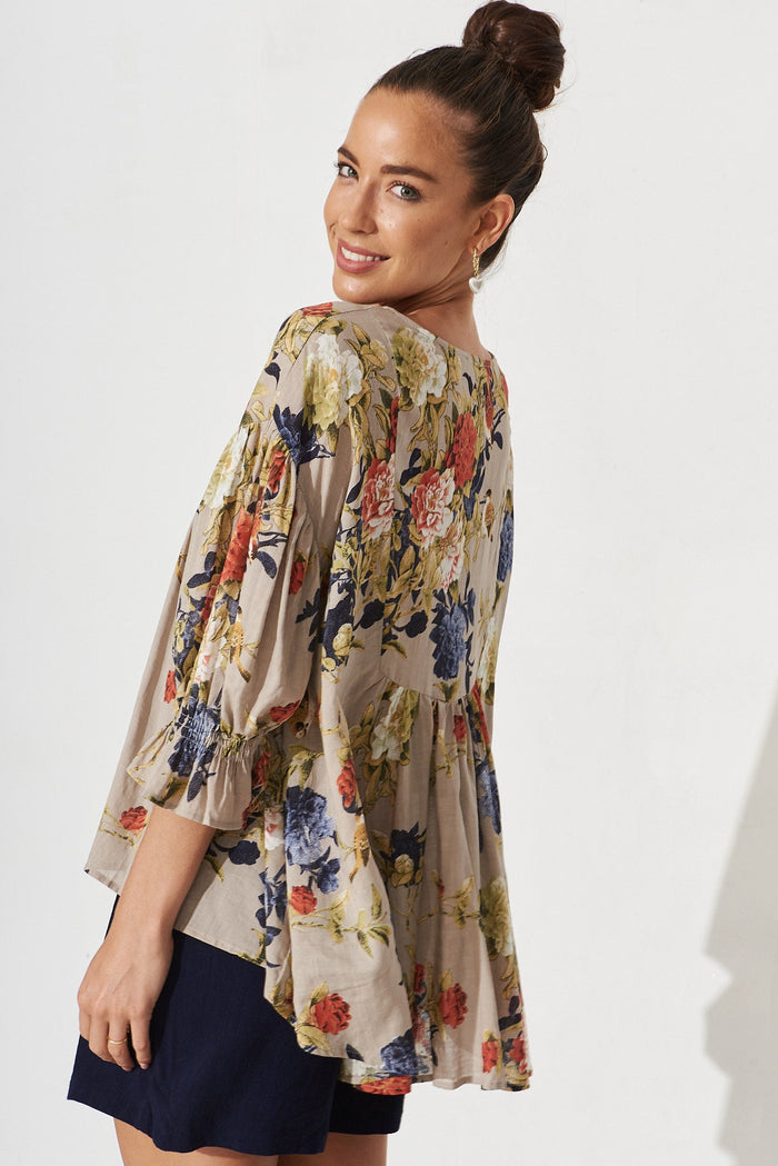 Elettra Top In Grey With Multi Floral Cotton Blend - side