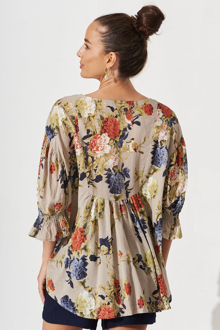Elettra Top In Grey With Multi Floral Cotton Blend - back