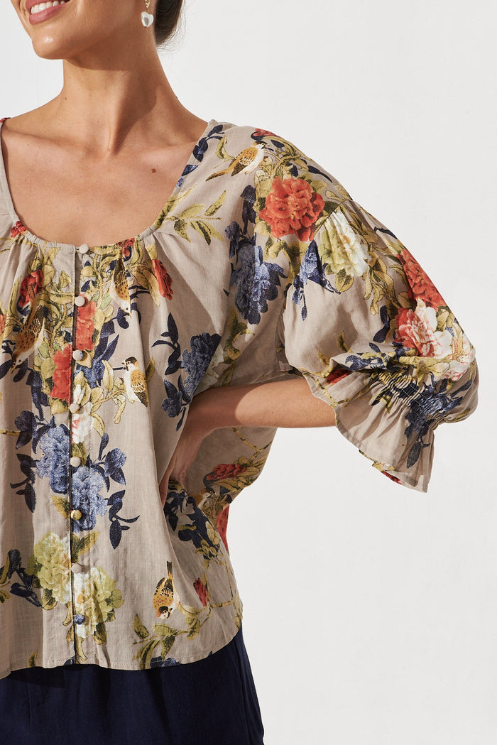 Elettra Top In Grey With Multi Floral Cotton Blend - detail