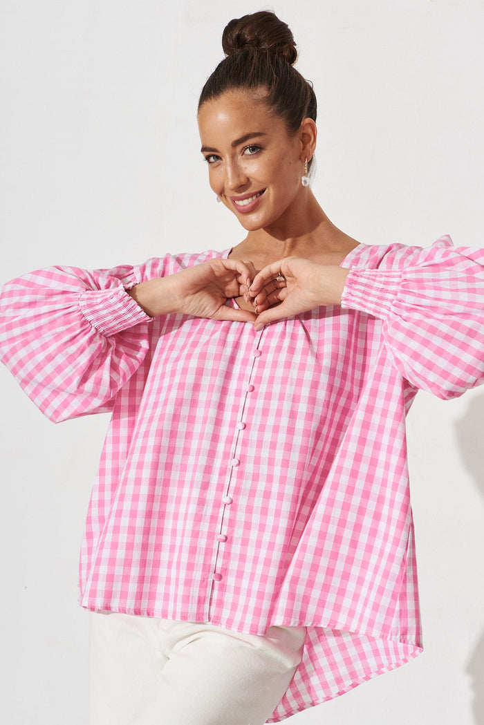 Eleonora Top In White With Pink Check Cotton - front