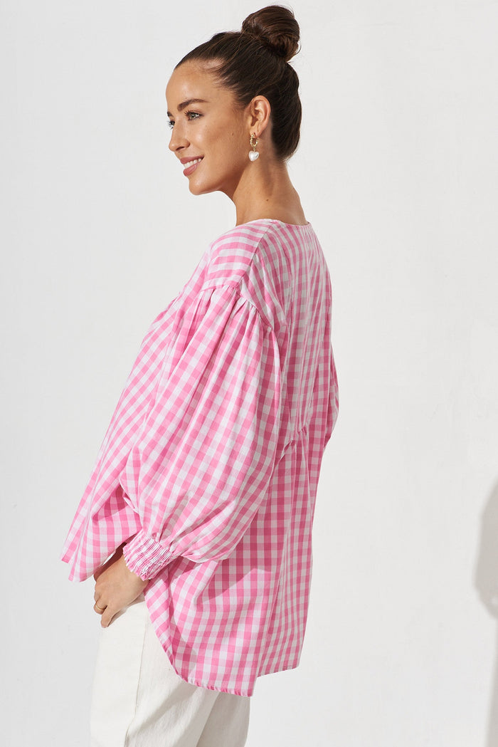 Eleonora Top In White With Pink Check Cotton - side