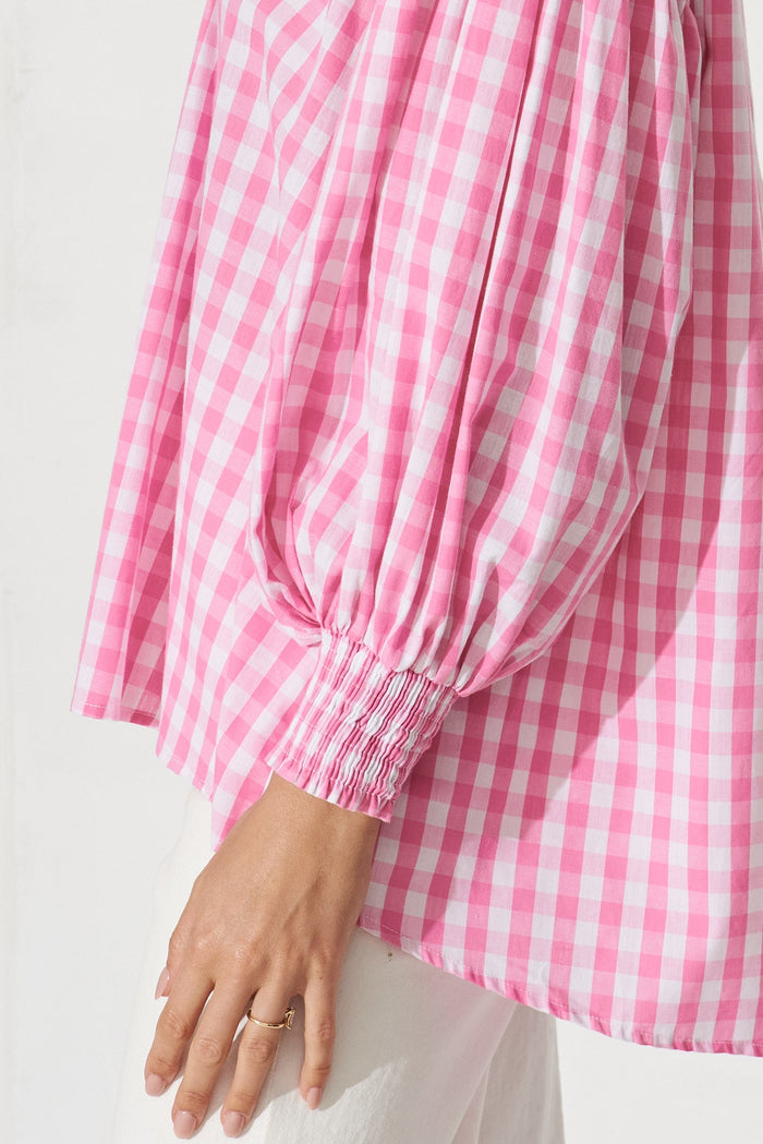 Eleonora Top In White With Pink Check Cotton - detail