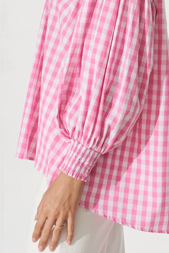 Eleonora Top In White With Pink Check Cotton - detail