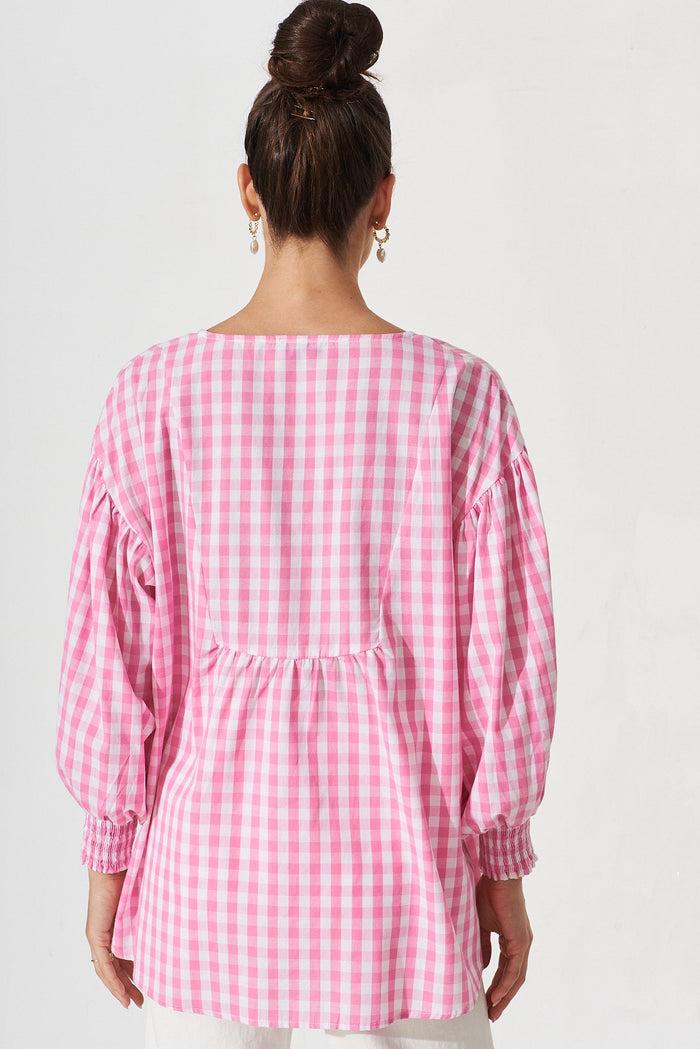 Eleonora Top In White With Pink Check Cotton - back