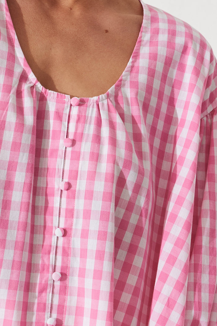 Eleonora Top In White With Pink Check Cotton - detail
