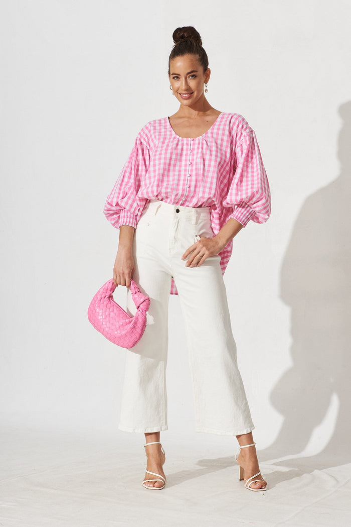 Eleonora Top In White With Pink Check Cotton - full length