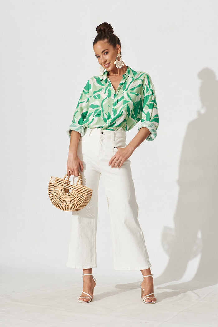 Aitana Shirt In White And Green Leaf Print - full length