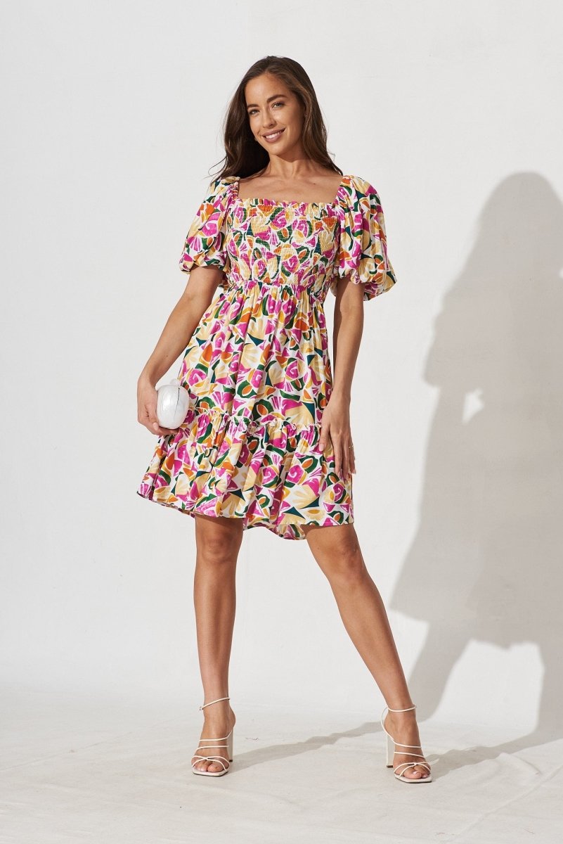 Chana Dress In White With Pink Multi Floral - St Frock (Dev)