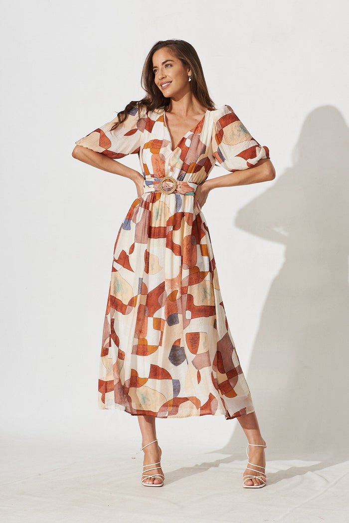 Dilly Midi Dress In Rust With Beige Print - full length