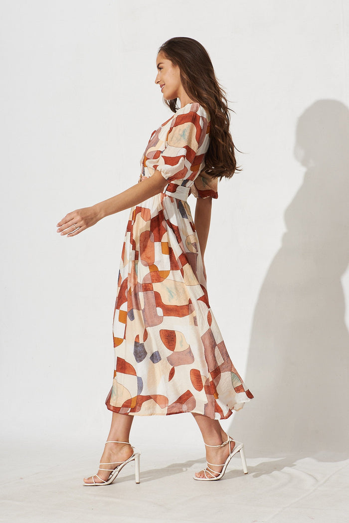 Dilly Midi Dress In Rust With Beige Print - side